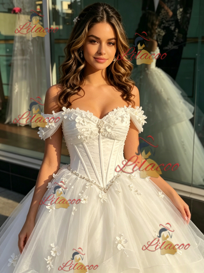 White TUlle Off the Shoulder Appliques Quinceanera Dress