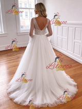 White Tulle V-neck Long Sleeve Wedding Dress