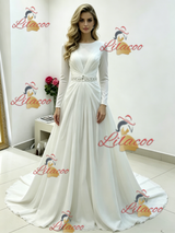 White Chiffon Long Sleeve Pleats Beading Wedding Dress