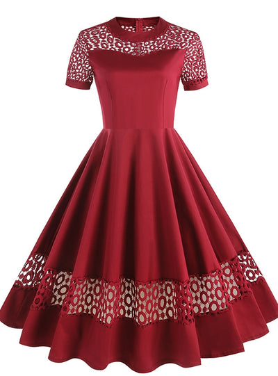 Round Neck Short Sleeve Lace Stitching Retro Dress