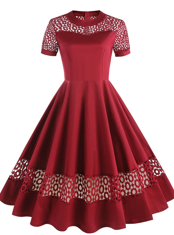 Round Neck Short Sleeve Lace Stitching Retro Dress