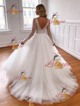 White Tulle V-neck Long Sleeve Wedding Dress