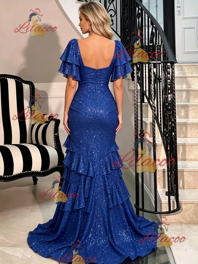 Blue Sequins Short Sleeve Split Prom Dress