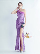 Mermaid Sequins One Shoulder Split Prom Dress