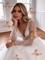 White Tulle V-neck Long Sleeve Wedding Dress