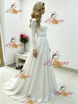 White Chiffon Long Sleeve Pleats Beading Wedding Dress