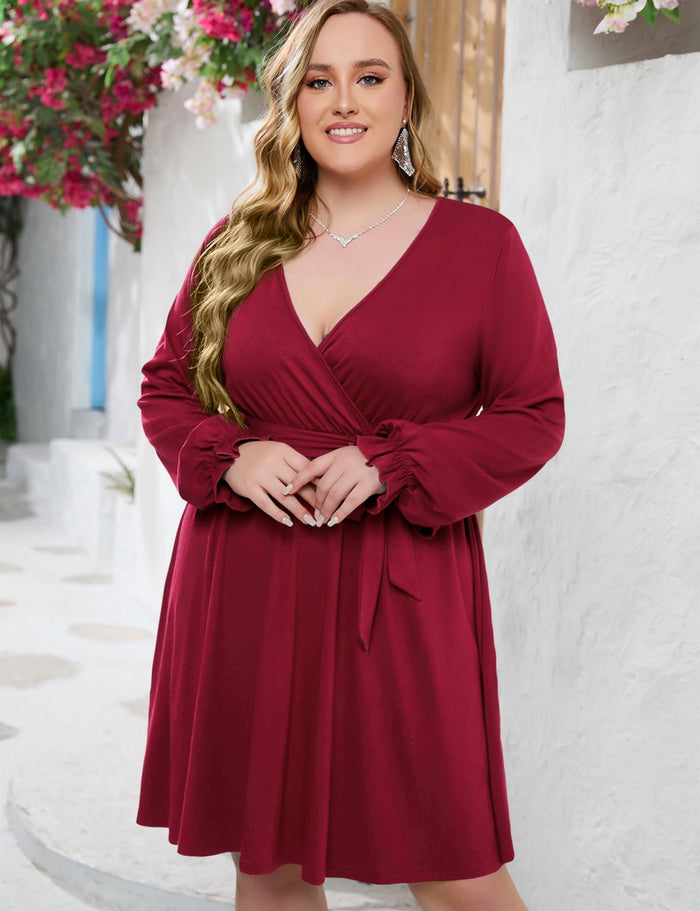 Solid Color V-neck Plus Size Dress