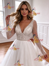 White Tulle V-neck Long Sleeve Wedding Dress