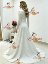 White Chiffon Long Sleeve Pleats Beading Wedding Dress