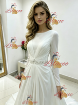 White Chiffon Long Sleeve Pleats Beading Wedding Dress
