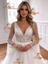White Tulle V-neck Long Sleeve Wedding Dress