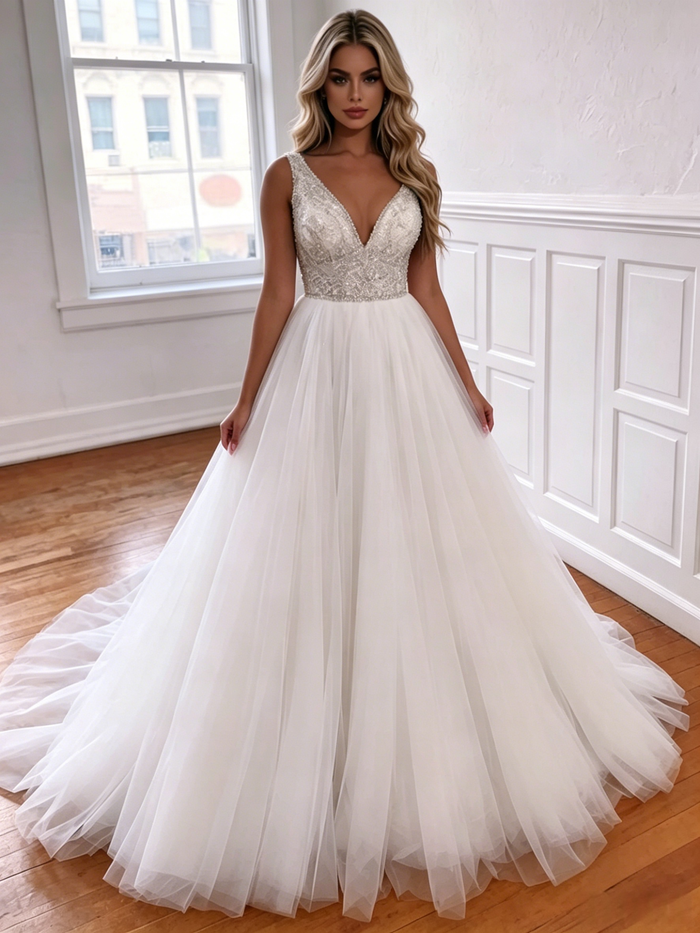 White Tulle V-neck Beading Wedding Dress