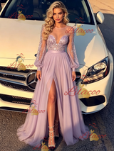 Purple Long Sleeve Sequins Prom Dress
