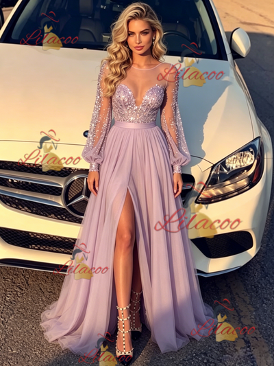 Purple Long Sleeve Sequins Prom Dress