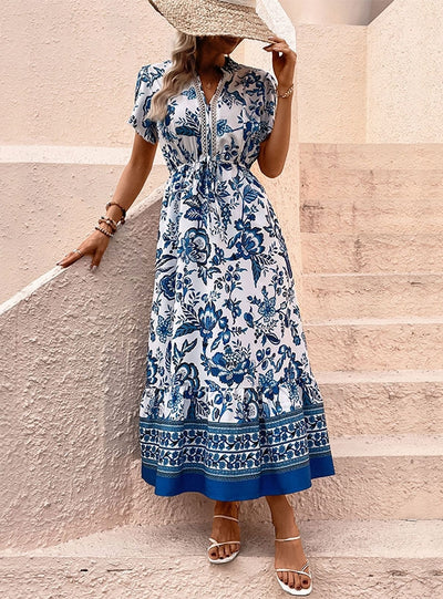 Casual Blue Retro Ethnic Print Dress