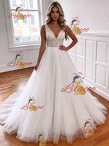 White Tulle V-neck Beading Wedding Dress