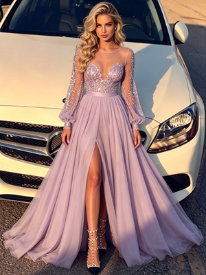 Purple Long Sleeve Sequins Prom Dress