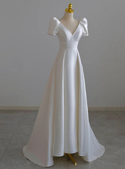 White Satin V-neck Short Sleeve Wedding Dress