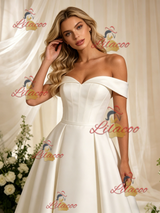 Beige White Satin Off the Shoulder Wedding Dress