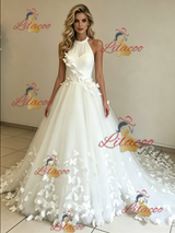 White Tulle Halter Butterfly Wedding Dress