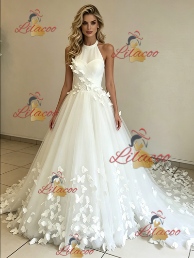 White Tulle Halter Butterfly Wedding Dress