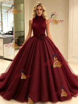 Burgundy Tulle High Neck Flower Prom Dress