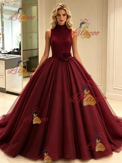 Burgundy Tulle High Neck Flower Prom Dress
