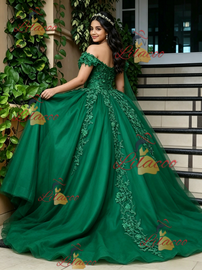 Green Tulle Off the Shoulder Appliques Quinceanera Dress