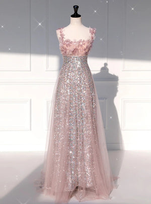 Pink Tulle Sequins Straps 3D Flower Prom Dress
