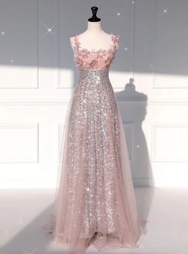 Pink Tulle Sequins Straps 3D Flower Prom Dress