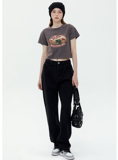 Retro Slim Short Round Neck Long Sleeve T-shirt