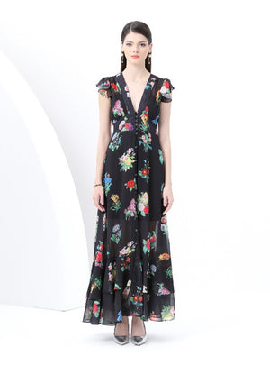Retro Deep V-neck Floral Long Dress