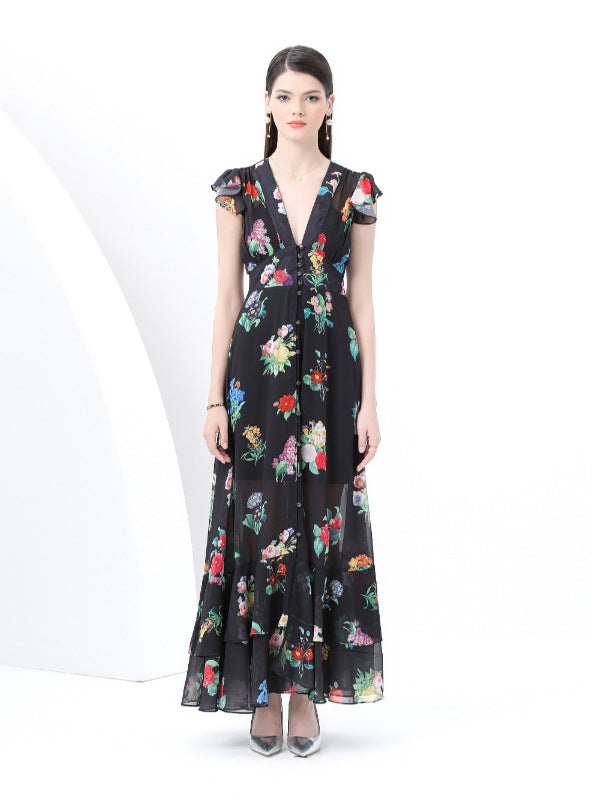 Retro Deep V-neck Floral Long Dress