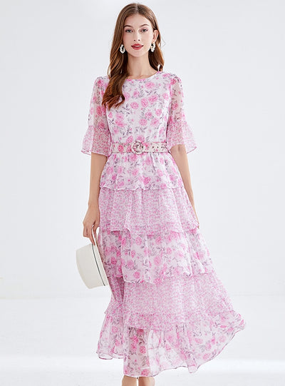 Lotus Leaf Cake Chiffon Floral Dress