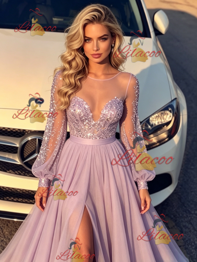 Purple Long Sleeve Sequins Prom Dress