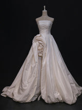 Ivory Satin Strapless Pleats Flower Wedding Dress