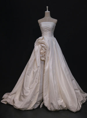 Ivory Satin Strapless Pleats Flower Wedding Dress