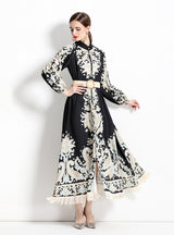 Retro Printed Long Sleeve Fringed Dress