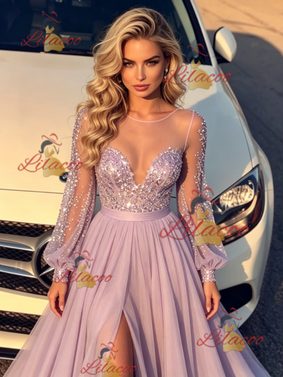 Purple Long Sleeve Sequins Prom Dress