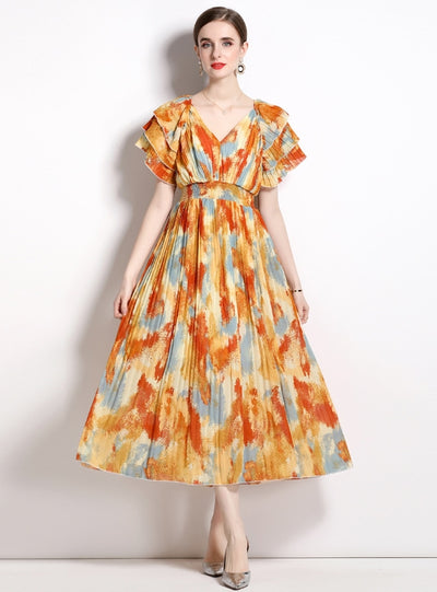 Flying Sleeve V-neck Pleated Holiday Dress