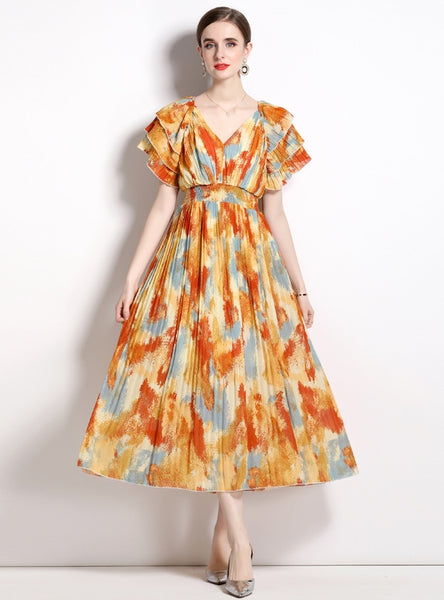 Flying Sleeve V-neck Pleated Holiday Dress