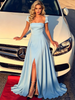 Blue Square Neck Split Prom Dress