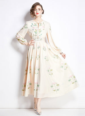 Printed Long-sleeved Slim Chiffon Dress