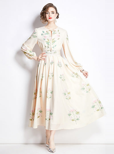Printed Long-sleeved Slim Chiffon Dress