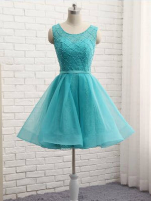 Blue Tulle Beading Homecoming Dress