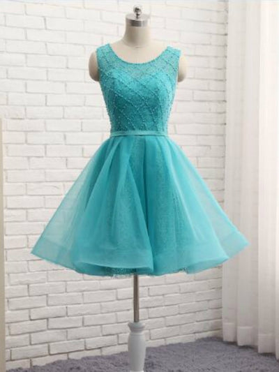 Blue Tulle Beading Homecoming Dress
