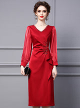 Red V-neck Long Sleeve Mother Of The Bride Dress