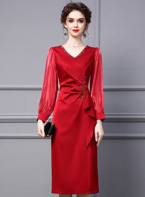 Red V-neck Long Sleeve Mother Of The Bride Dress