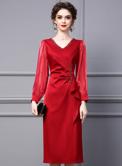 Red V-neck Long Sleeve Mother Of The Bride Dress
