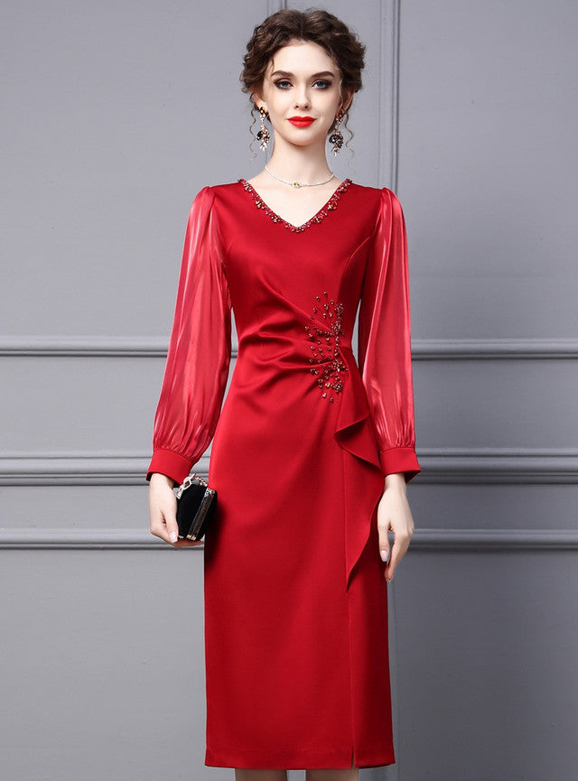 Red V-neck Long Sleeve Mother Of The Bride Dress